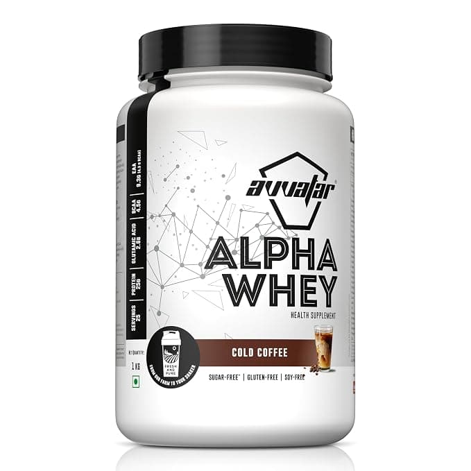 Avvatar Alpha Whey 1 kg jar in Cold Coffee flavour, white tub with black lid