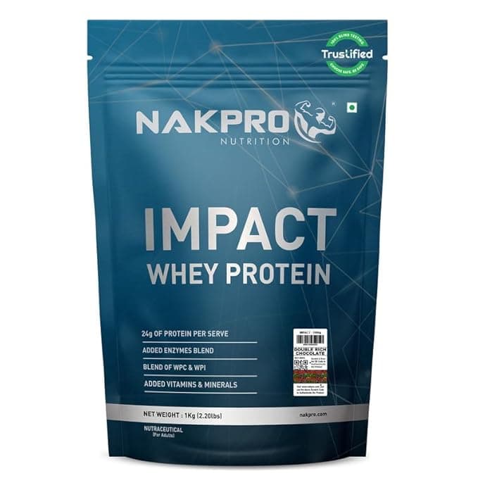 NAKPRO Impact Whey Protein 1 kg blue pouch in Double Rich Chocolate flavour