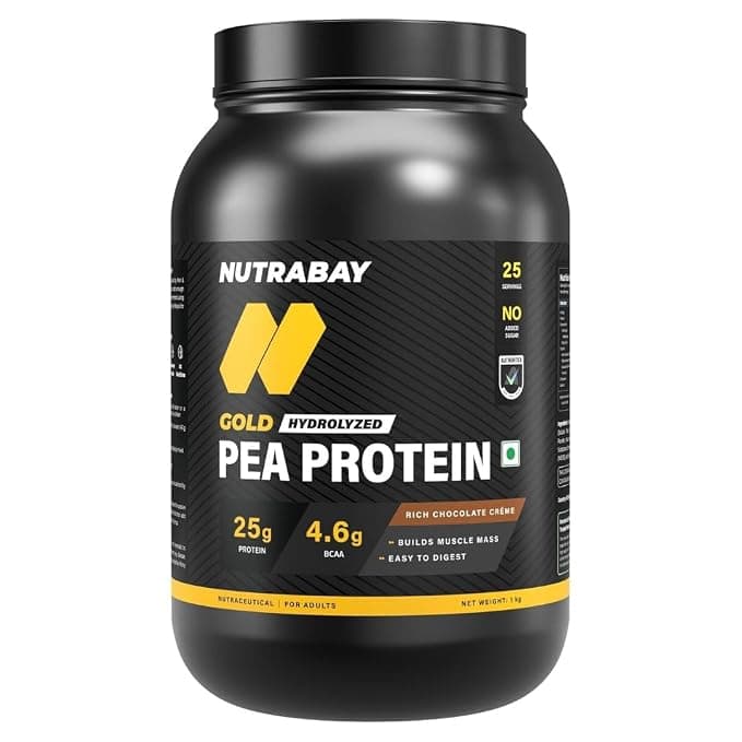 Nutrabay Gold Hydrolyzed Pea Protein 1 kg black jar in Rich Chocolate Creme