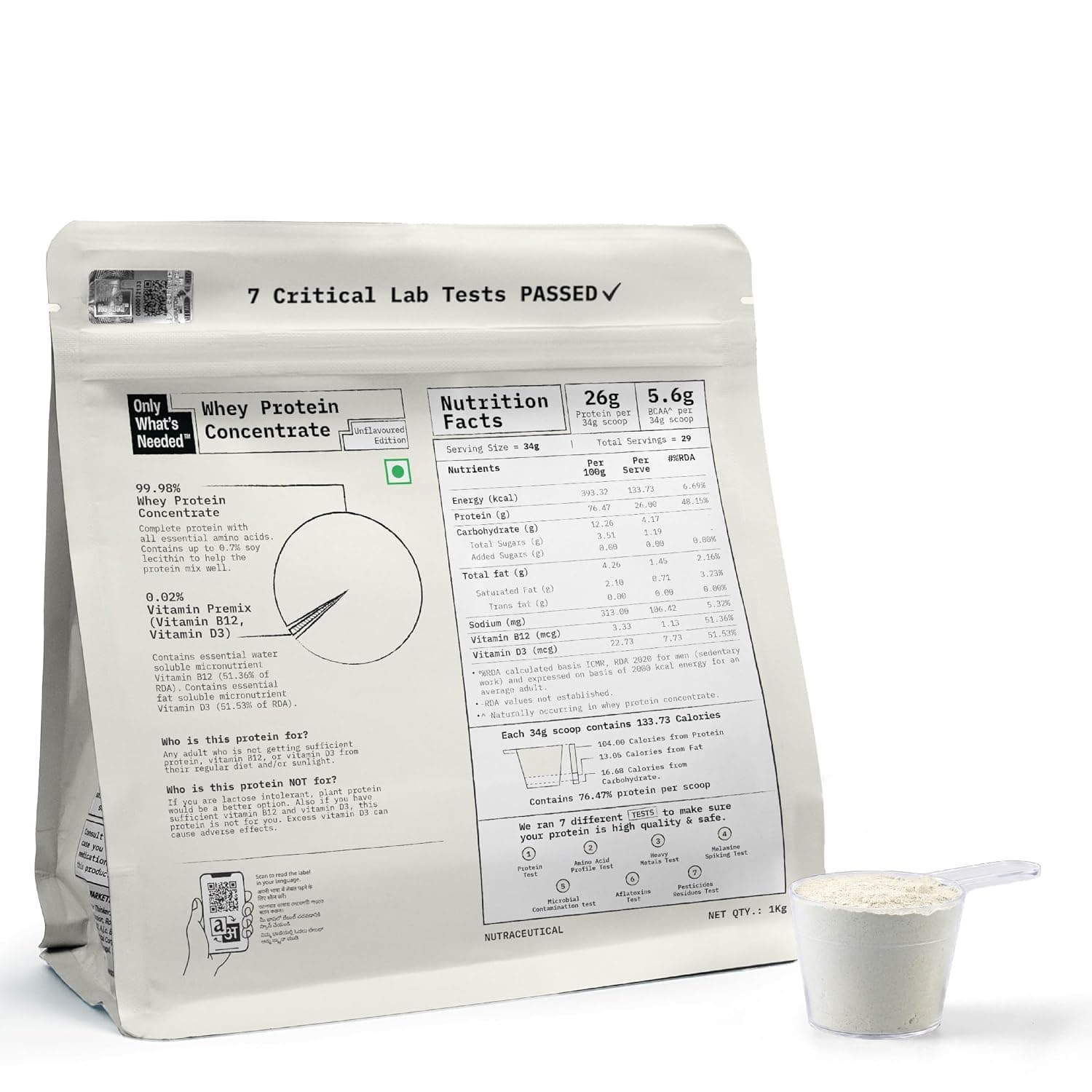 Only What's Needed unflavoured whey protein concentrate 1 kg pouch with scoop