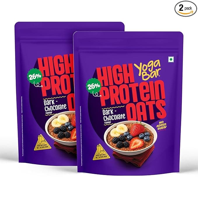 Two purple packs of Yoga Bar High Protein Oats in Dark Chocolate flavour